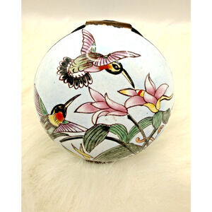 Chinemel by B Yee Enamel Decorative Metal Trinket Box w/Hummingbird & Flowers